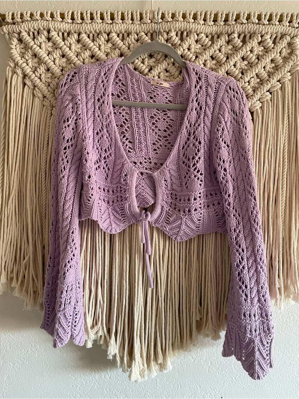 Lilac Open-Knit Tie-Front Cropped Sweater